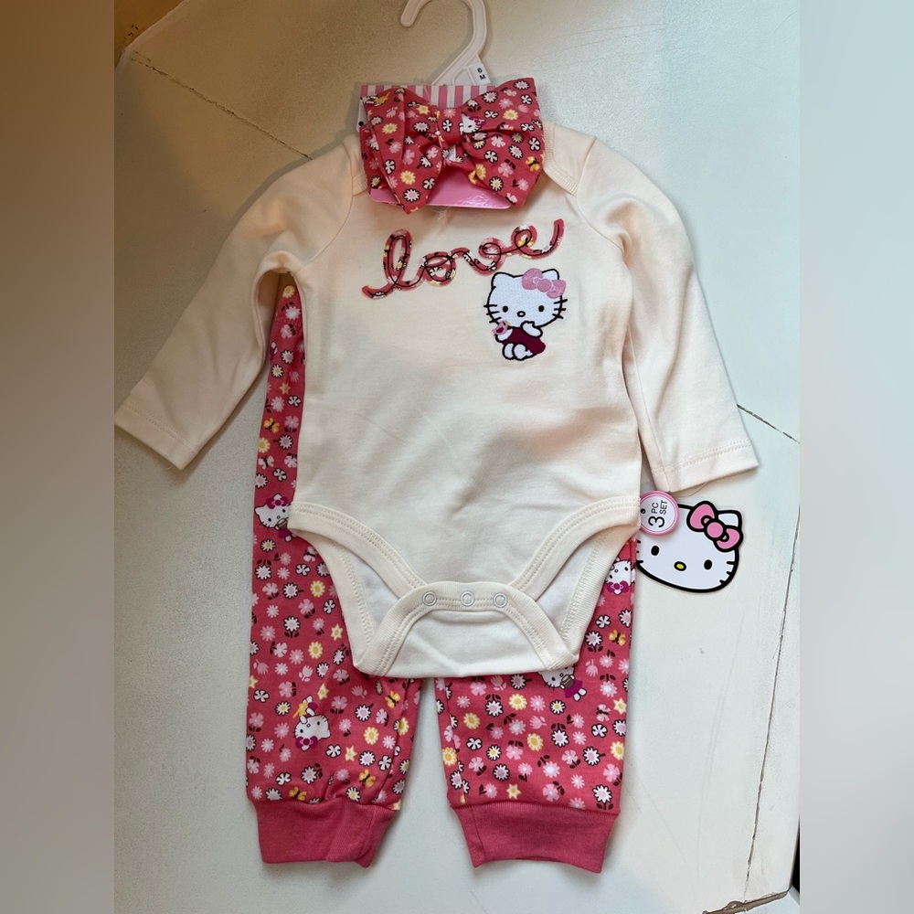 Hello Kitty Cream Onesie and Pink Floral 3 Piece Pants Set
